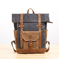 Waxed Canvas Leather Mens 17‘’ Lake Green Backpack Khaki Travel Backpack Dark Gray Hiking Backpack for Men
