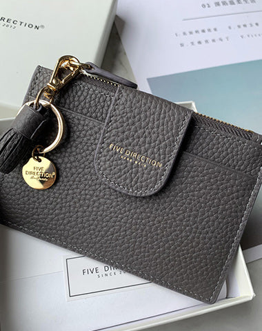 Cute Women Dark Gray Leather Slim Keychain with Card Wallet Card Holder Wallet Change Wallet For Women