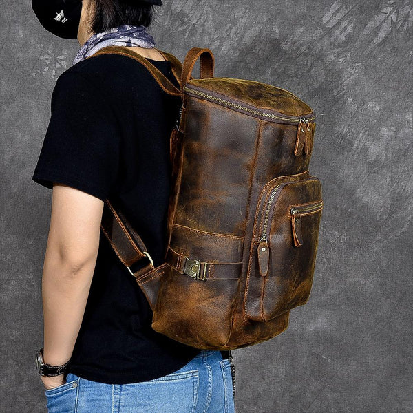 Brown Leather Men 14" Laptop Large Backpack Hiking Backpack Travel Backpack Coll 24J03891074
