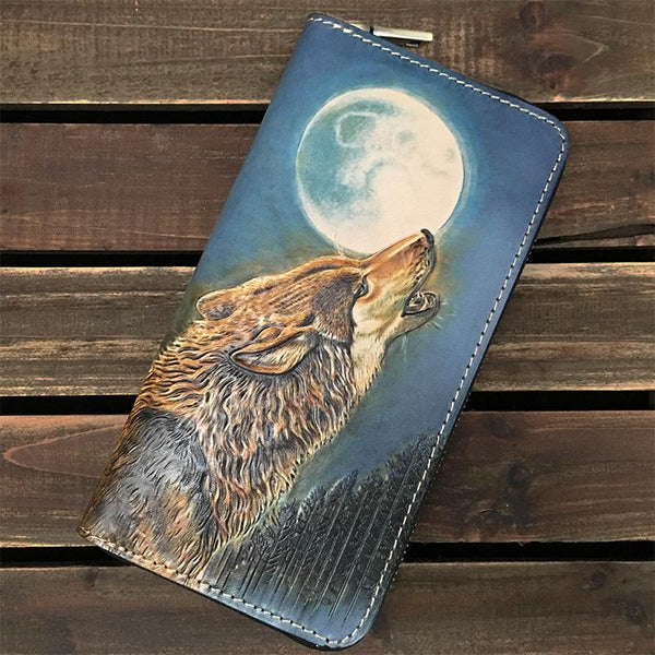 Handmade Black Wolf Tooled Leather Long Wallet - Back View