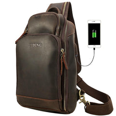 Vintage Brown Leather Men's One Shoulder Backpack Chest Bag Sling Crossbody Pack For Men