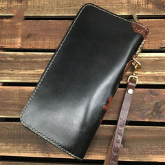 Black Handmade Tooled Ganasha Leather Long Biker Wallet Chain Wallet Clutch Wallet For Men