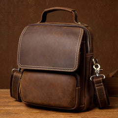Dark Brown Leather 10 inches Vertical Messenger Bag Cool Side Bag Courier Bag Postman Bag for Men