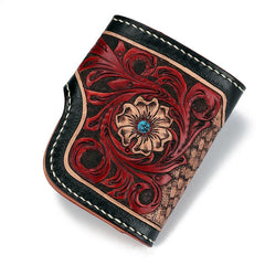 Handmade Leather Small Tooled Floral Mens billfold Wallet Cool Chain Wallet Biker Wallet for Men