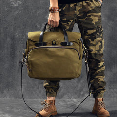 Canvas Leather Mens Khaki Briefcase 15'' Side Bag Messenger Bag Shoulder Bag For Men