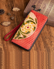 Vintage Floral Red Leather Wristlet Wallet Womens Flower Zip Around Wallets Floral Ladies Zipper Clutch Wallets for Women