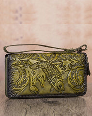 Floral Carp Brown Leather Wristlet Wallets Womens Zip Around Wallet Floral Ladies Zipper Clutch Wallets for Women