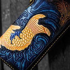 Handmade Leather Men Tooled Carp Cool Leather Biker Wallets Long Wallets for Men