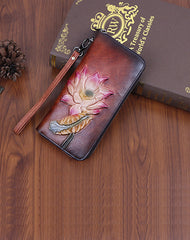 Womens Lotus Flower Coffee Leather Wristlet Wallets Zip Around Wallet Flower Ladies Zipper Clutch Wallet for Women