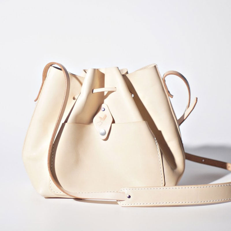 Handmade Beige Women Leather bucket crossbody bag Barrel shoulder bag for women