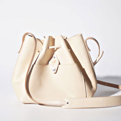 Handmade Beige Women Leather bucket crossbody bag Barrel shoulder bag for women