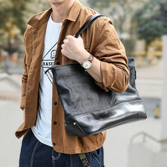 Fashion Coffee Leather Men Womens 14 inches Black Tote Bag Shoulder Tote Bag For Men