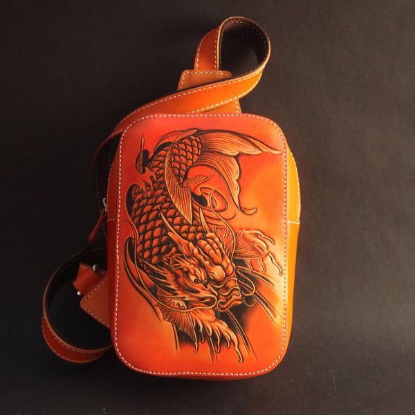 Cool Handmade Tooled Leather Dragon Carp Sling - Back View