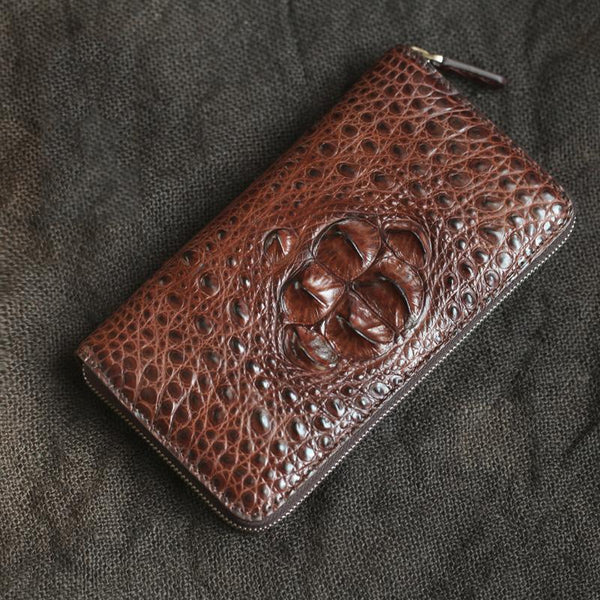 Brown Crocodile Leather Mens Black Zipper Bifold - Back View