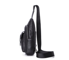 Black Mens Leather Sling Bag Chest Bag One shoulder Black Backpack Sports Bag For Men
