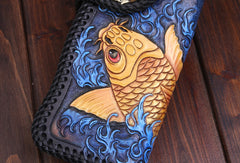 Handmade Leather Long Black Biker Wallet Leather Chain Wallet Men Red Carp Tooled Wallets - EverHandmade