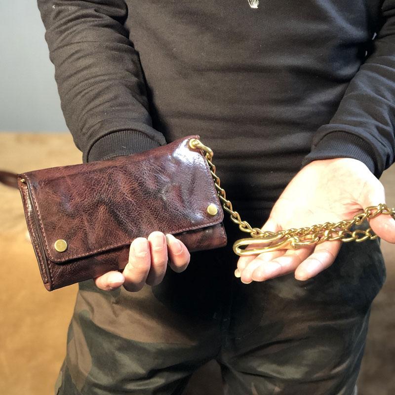 Real Distressed Leather Bifold Wallet With Chain - Motorcycle Biker Trucker Style, Brown