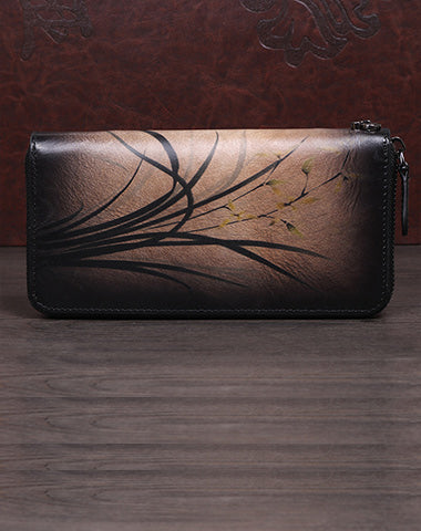 Womens Black Leather Zip Around Wallet Wash Painting Flowers Wristlet Wallet Ladies Zipper Clutch Wallet for Women