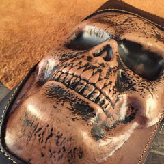 Handmade Genuine Leather Mens Clutch Cool Long Wallet Skull Zipper Clutch Wristlet Wallet for Men
