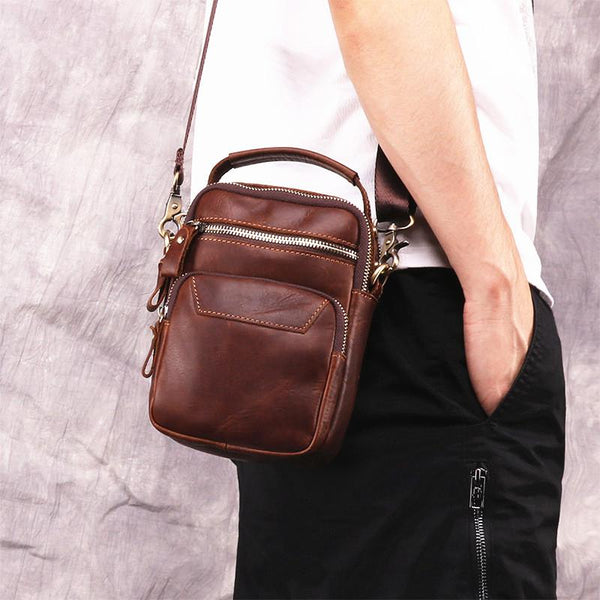 Brown Leather Men's Vertical Small Courier Bag - Back View