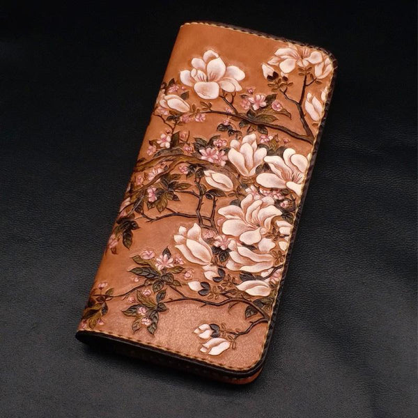 Handmade White Flowers Magnolia denudata Tooled Leather Womens Long Wallet Zippe QJ13901001