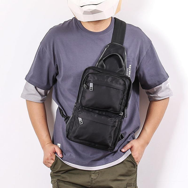 Cool Black Nylon Men's Sling Bag Chest - Back View