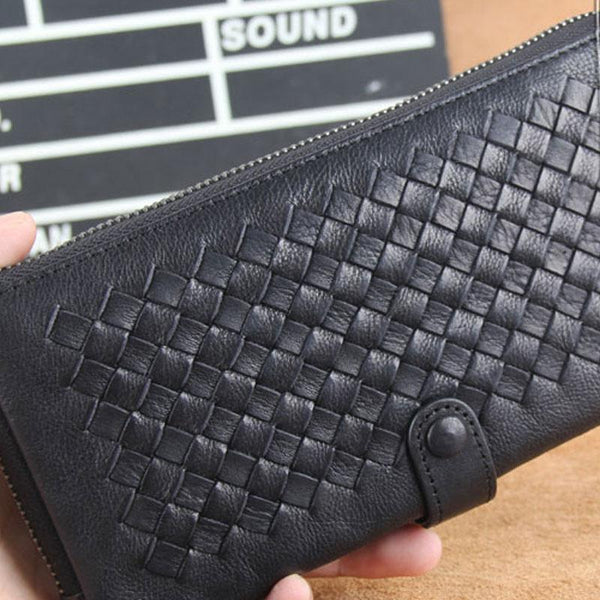 Genuine Leather Mens Cool Braided Wallet Long Leather Wallet Clutch Wristlet Wal YBL02181140