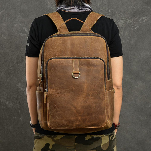 Cool Leather Mens 15" Retro Brown Hiking Backpack Travel Backpack College Backpa 24J03981031
