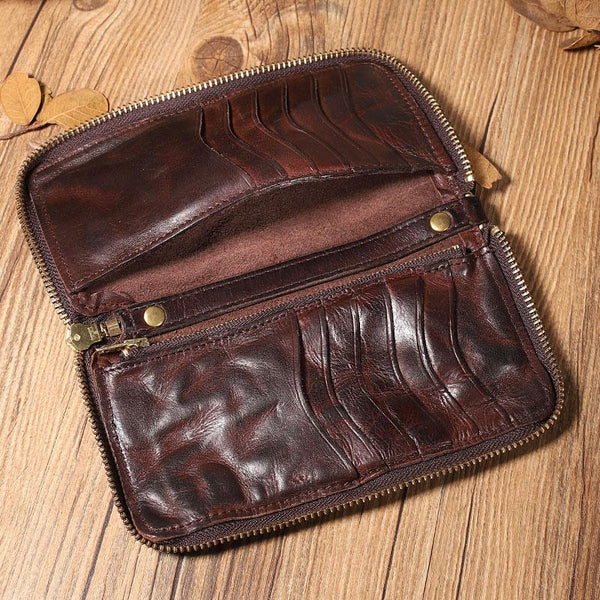 Handmade Leather Mens Long Chain Wallet Bifold Biker Wallet Zipper Clutch Wallet DM01981017