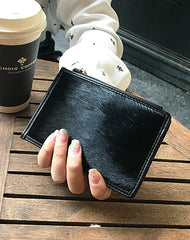 Cute Womens Horse Hair Black Leather Card Wallets Card Clutch Wallet Zip Card Holder Wallet for Women