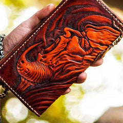 Handmade Leather Mens Tooled Buddha&Demon Chain Biker Wallet Cool Leather Wallet Long Clutch Wallets for Men