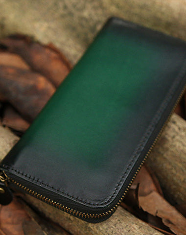 Around Zip Green Leather Long Wallet Mens Minimalist Zipper Clutch Wallet for Men