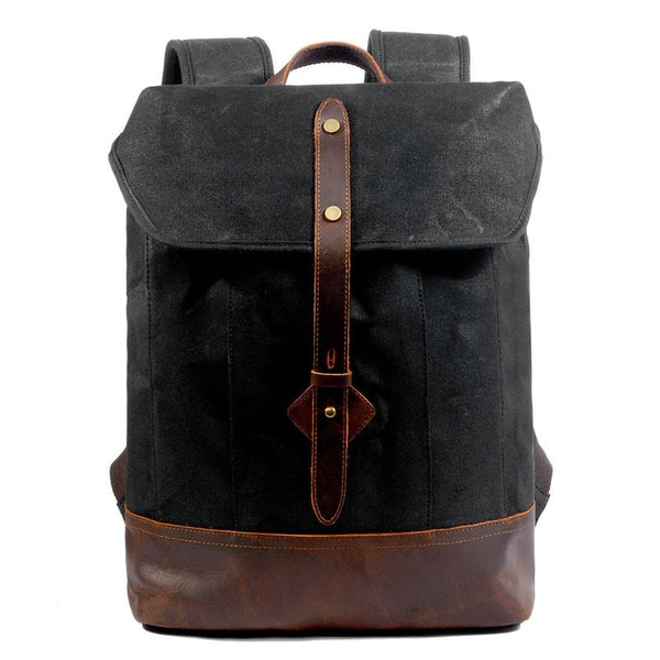 Cool Waxed Canvas Black Leather Waterproof 15'' Barrel Backpack Travel Backpack MCCY01781114