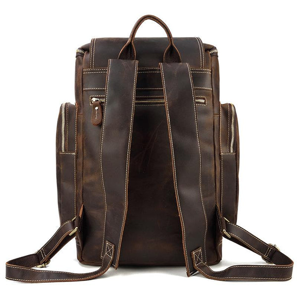 Dark Brown Leather Mens Large 15'' Travel Backpack College Backpack Barrel Backp FY04891142