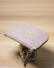 Slim Women Gray Leather Zip Card Wallet Saddle Minimalist Coin Wallet Small Zip Change Wallet For Women