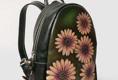 Handmade Leather green floral backpack bag purse shoulder bag phone satchel bag