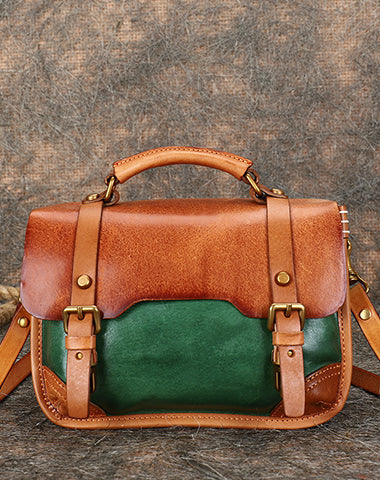 Handmade Green Leather Womens Satchel Shoulder Bag Small School Handbag Crossbody Purses for Ladies