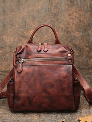 Vintage Red Leather Rucksack Womens School Backpack Ladies Leather Backpack Purses