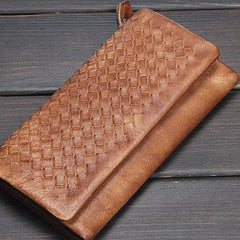 Handmade Leather Mens Cool Long Leather Wallet Trifold Clutch Wallet for Men