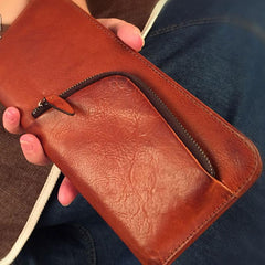 Genuine Leather Mens Cool Long Leather Phone Wallet Zipper Clutch Wristlet Wallet for Men