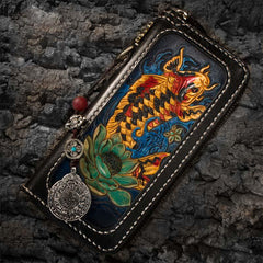 Handmade Leather Carp Mens Chain Biker Wallet Cool Leather Wallet Long Phone Wallets for Men