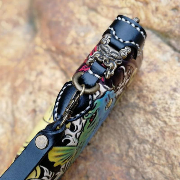 Black Handmade Double Carp Tooled Leather Long Biker Wallet Chain Wallet Clutch TPJP04081034