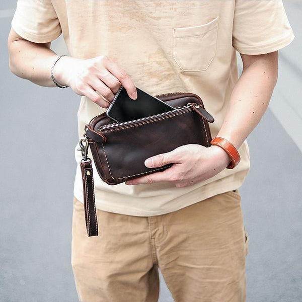 Vintage Dark Brown Leather Mens Phone Wallet - Back View