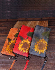 Handmade Sunflower Brown Leather Wristlet Wallet Womens Zip Around Wallets Sunflower Ladies Zipper Clutch Wallet for Women