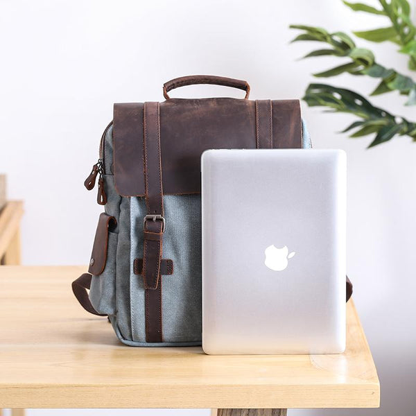 Lake Green Waxed Canvas Mens Large 14'' Laptop Backpack College Backpack Hiking JCYC02091065