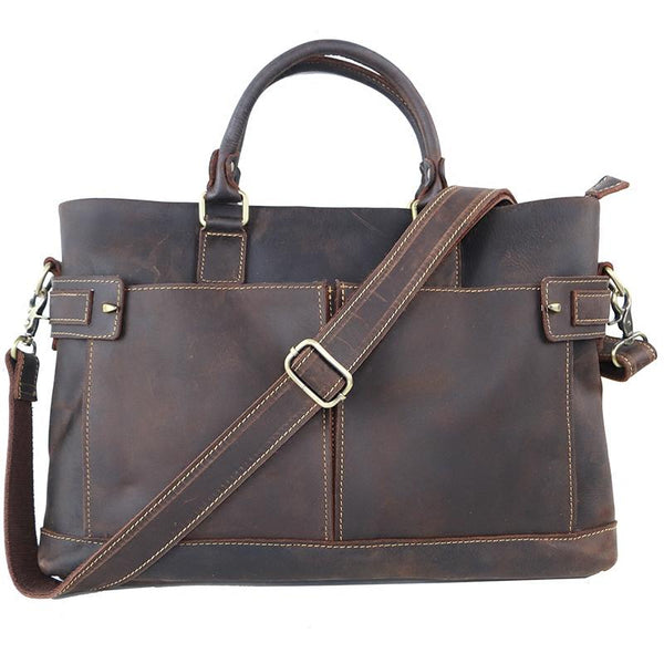 Vintage Dark Brown Mens Leather Briefcase Work Handbags Brown 14'' Computer Brie ZOY0439134