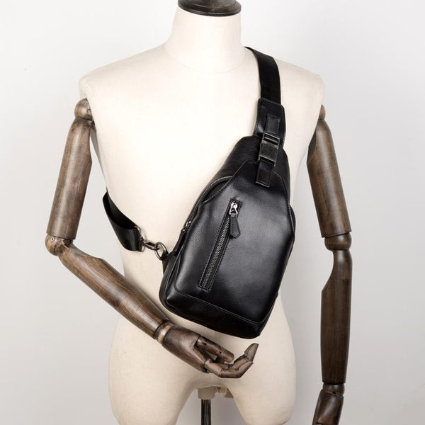 Cool Black Leather Mens Sling Bags Crossbody - Back View