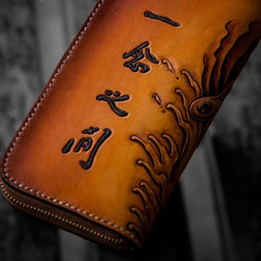 Handmade Mens Long Leather Wallet Cool Buddha&Demon Tooled Wallet Long Zipper Wallets for Men