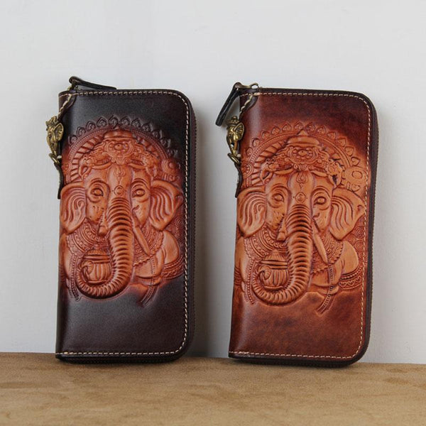 Handmade Leather Ganesha Tooled Biker Chain Mens Long Wallet Cool Leather Wallet YBL02881197