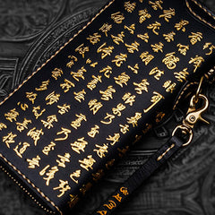 Handmade Leather Mens Chinese Handwriting Biker Chain Wallet Cool Leather Wallets Long Wallets for Men